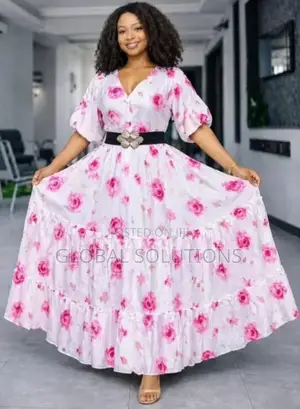 Chiffon Maxi Dress in a White Floral Print With Blue Roses