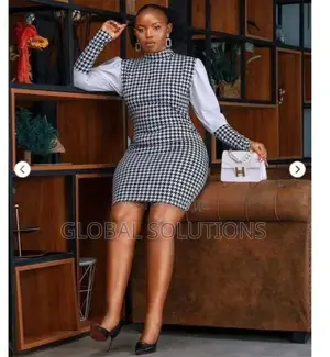 Houndstooth Bodycon Mini Dress With Solid White Puff Sleeves