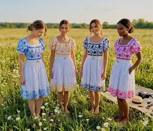 Midi Dress With Square Neckline,Puffed Short Sleeves and Floral Print