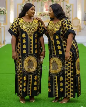 Black and Gold Printed Dera Kaftan Dress With a Matching Scarf