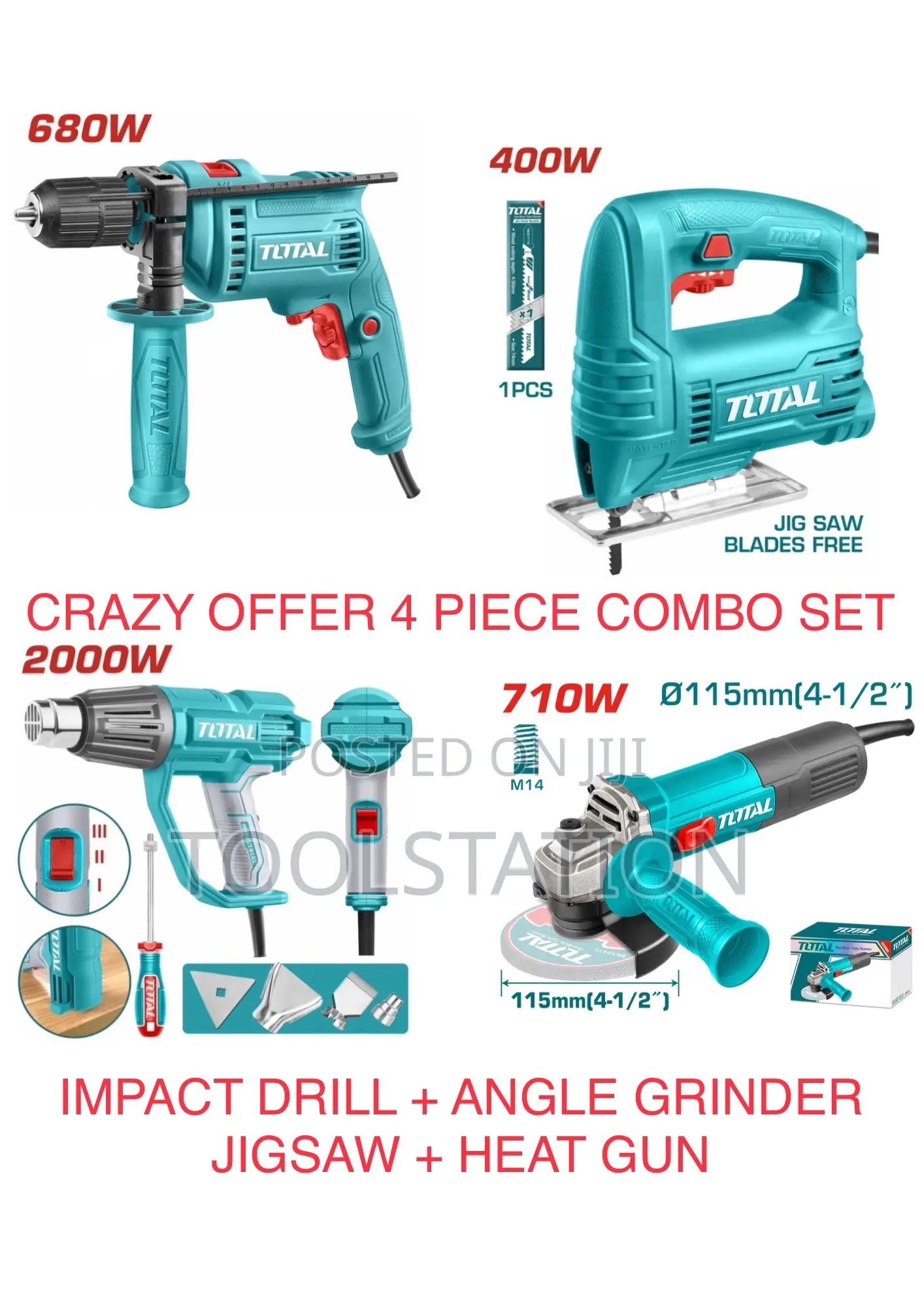 Crazy Offer 4 Pc Combo Impact Drill, Angle Grinder, Heat Gun, Jigsaw