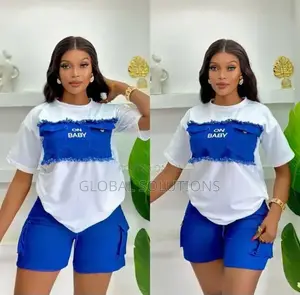 Set of a White T-Shirt and Blue Denim Cargo Shorts