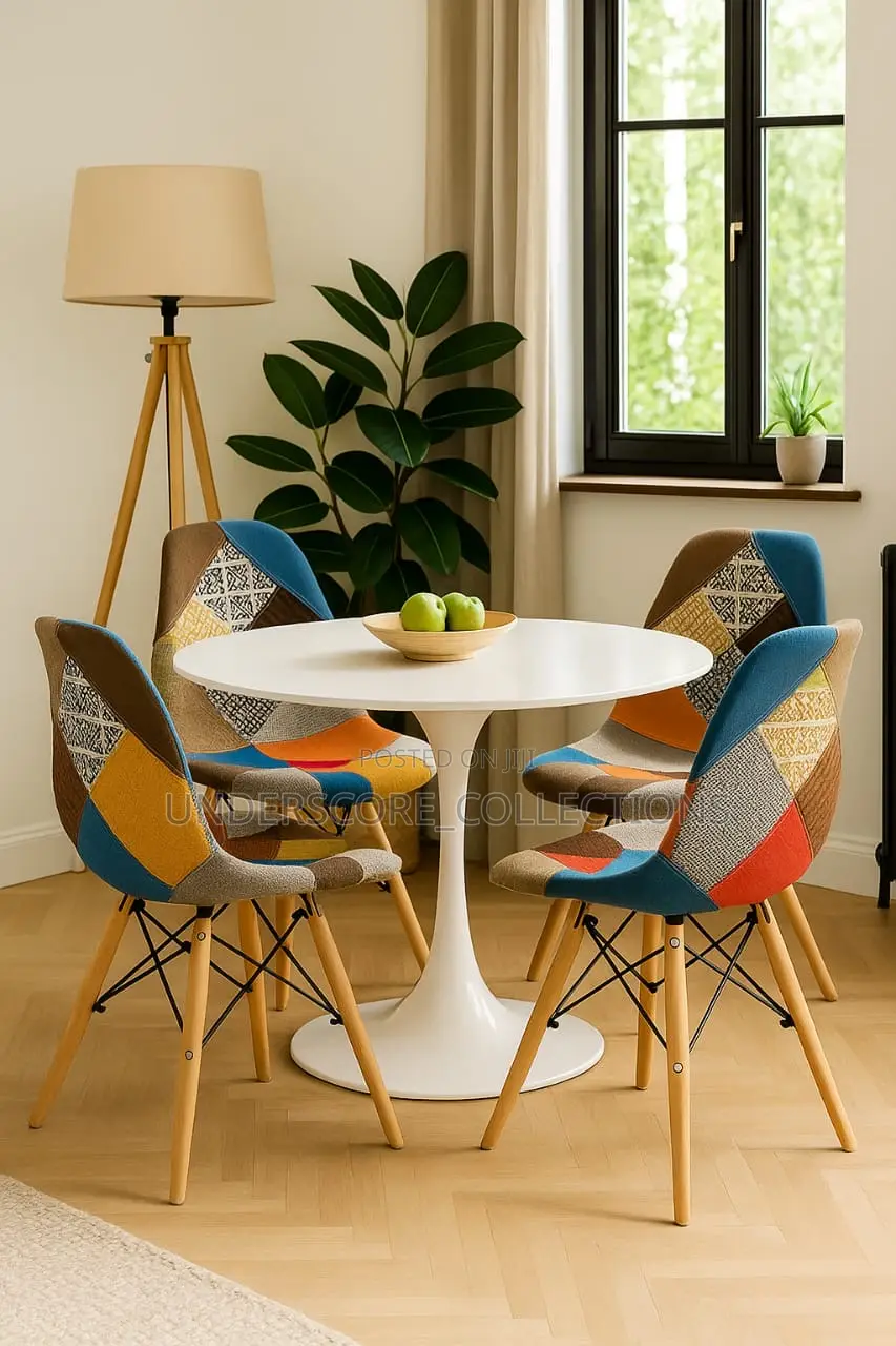 Patchwork Eames Chair and Pedestal Dining Table
