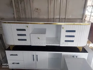 Modern White Tv Stand With Gold Accents and Marble-Effect Top