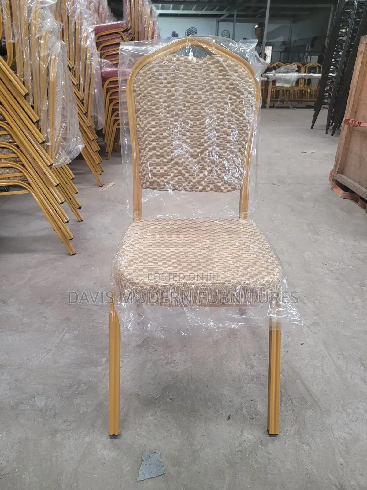 Gold Frame Stackable Banquet Chair With Beige Patterned Upholstery