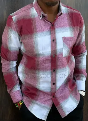 Men's Long-Sleeved Rose Red and White Plaid Flannel Shirt