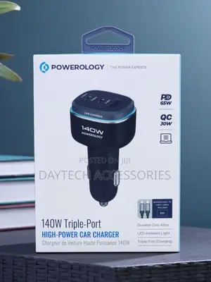 This Is a Powerology 140w Triple-Port High-Power Car Charger in Black
