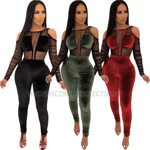 Women's Bodycon Velvet and Sheer Mesh Patchwork Jumpsuit
