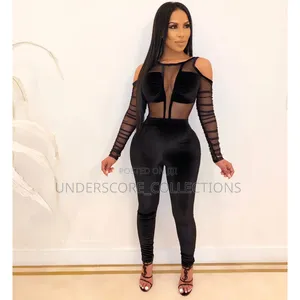 Women's Bodycon Velvet and Sheer Mesh Patchwork Jumpsuit