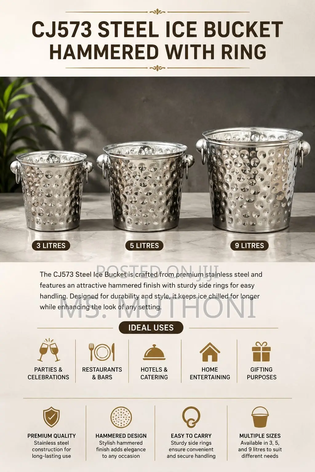 Steel Ice Bucket – Hammered Finish With Ring Handle