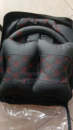 Red Diamond Stitched Pu Leather Seat Cover With Neck Pillow Steering
