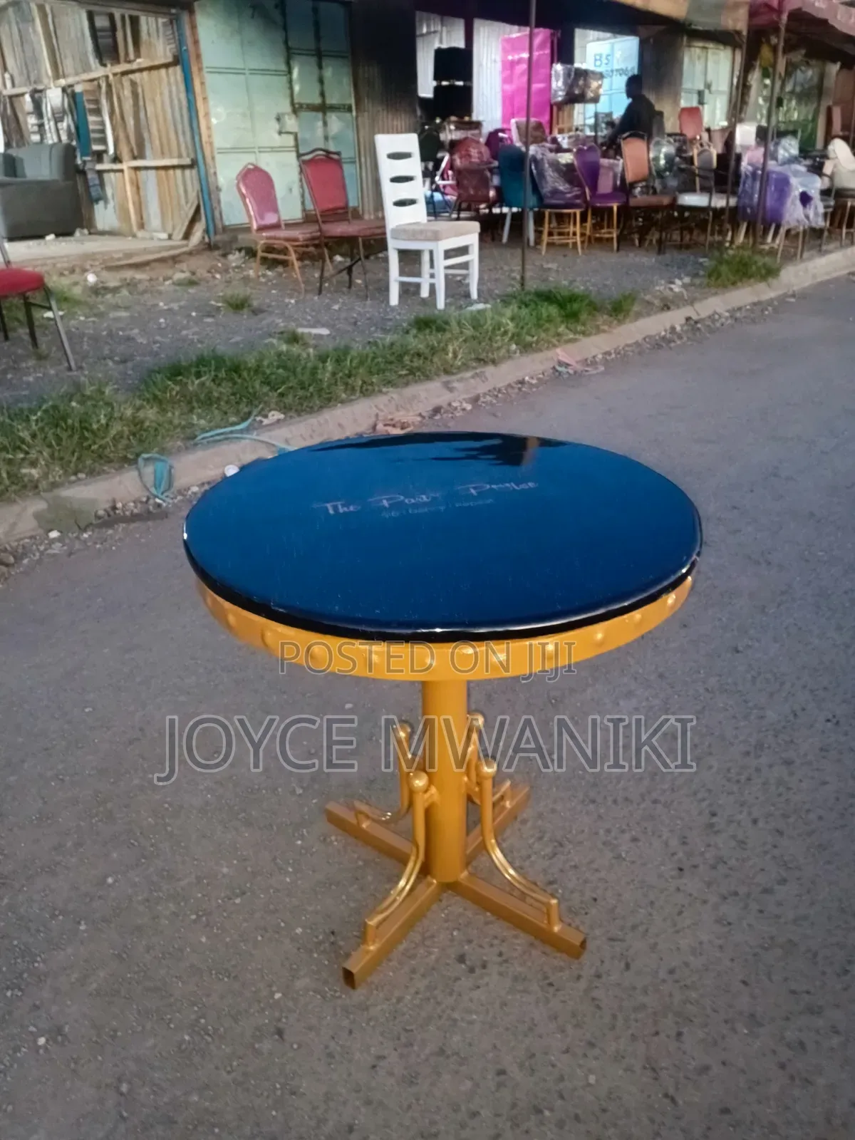 Marble Restaurant Round Black Table, With Gold Coated Frame.