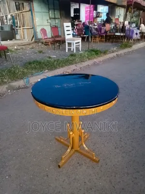 Marble Restaurant Round Black Table, With Gold Coated Frame.