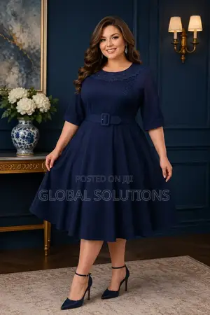 Plus-Size Midi Dress With a Lacy Neckline and Belted Waist