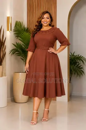 Plus-Size Midi Dress With a Lacy Neckline and Belted Waist
