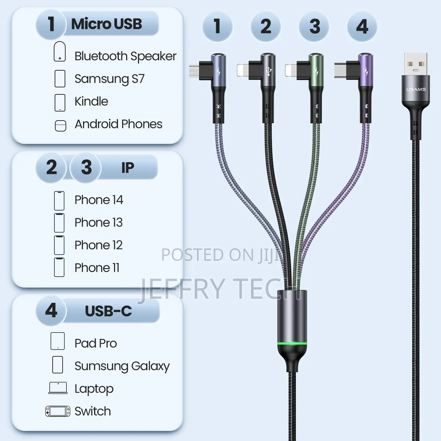 4 in 1 Right Angle Nylon Braided Multi Usb Charger Cable Multiple Fast