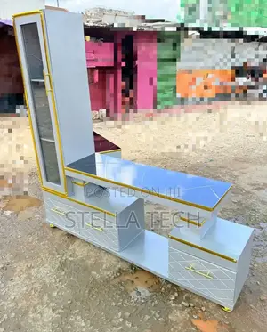 Executive Extended Tv Stand With Marble Coating and Shelf Cabinet