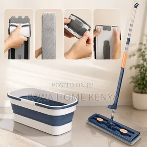 Self Wringing Hand Wash Free Flat Mop With Foldable Bucket