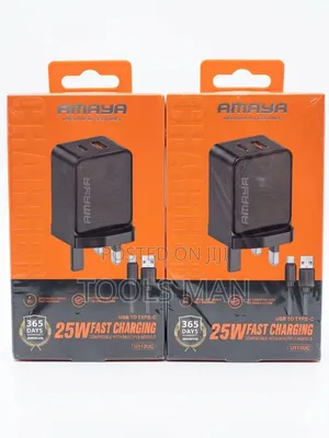 Amaya 25w Fast Charger With Type-C Cable - Dual Port Wall Adapter.