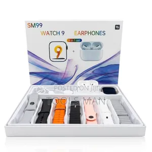 Sm99 Watch 9 Smartwatch + Wireless Earphones 9-in-1 Combo Set.