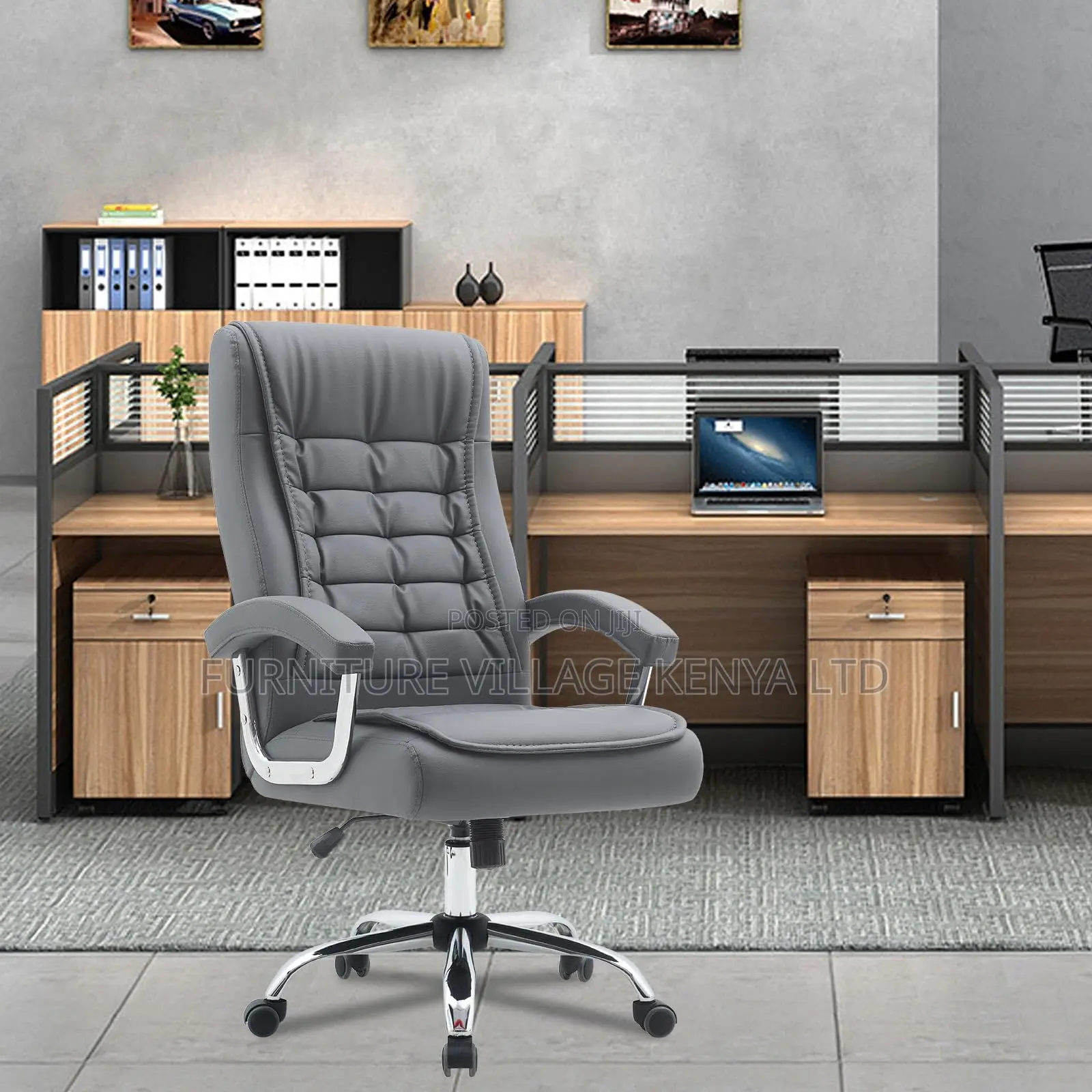 Pu Gray Leather High-Back Computer Chair
