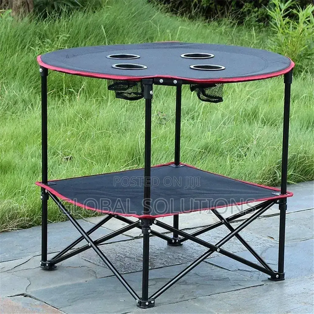 Generic Black Lightweight Foldable Round Camping Table With Red Trim