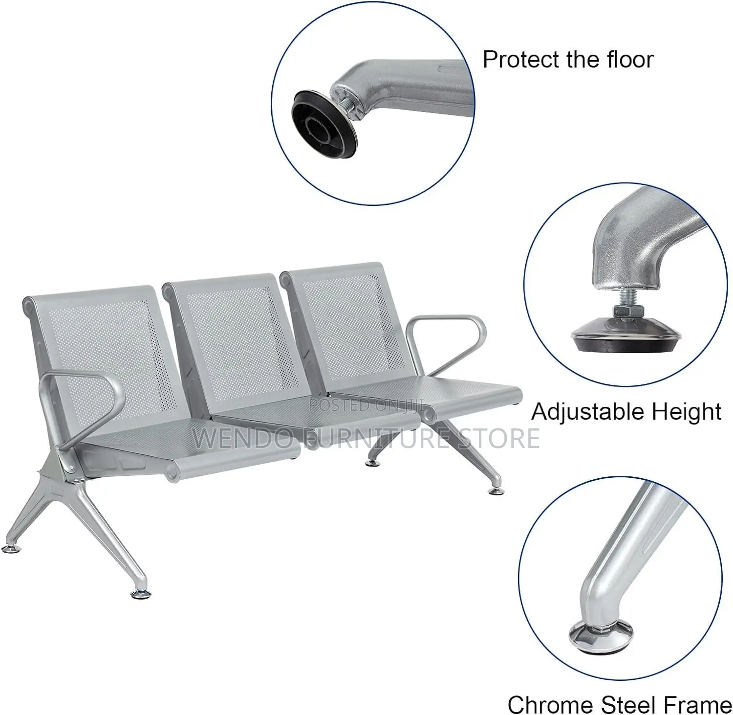Office Bench : 3-Link Metallic Waiting Bench With Perforated Seats