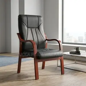 Pu Leather Guest Chair With Mahogany Arms