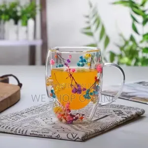Double Wall Glass Coffee Mug With Colorful Floral Design 350ml