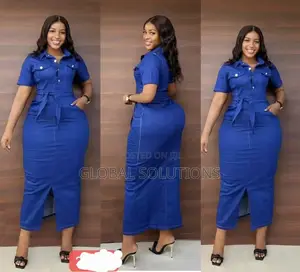 Fashionable Blue Denim Maxi Dress Designed With a Collared Neckline