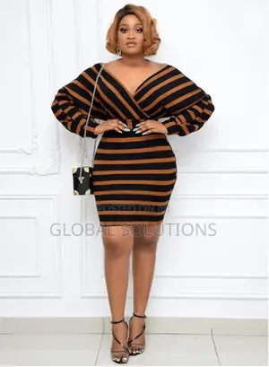 Striped Long-Sleeve Bodycon Dress With a Wrap Neckline