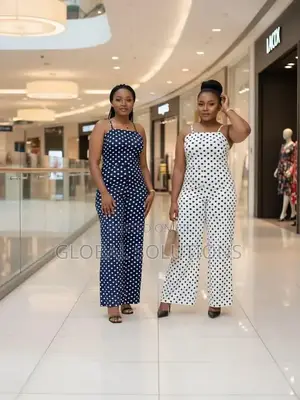 Blue and White Polka Dot Wide-Leg Jumpsuits