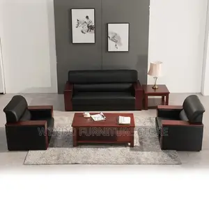 Office Sofa : Black 5-Seater Leather Executive Office Sofa Set