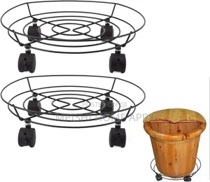 Black Metal Plant Stand Trolley With Rolling Wheels.