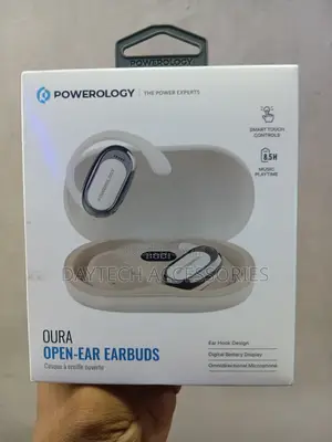 Powerology Oura Open-Ear Earbuds Set With a White Charging Case.