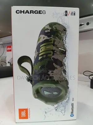 JBL Charge 6 Portable Bluetooth Speaker in a Camouflage Pattern.