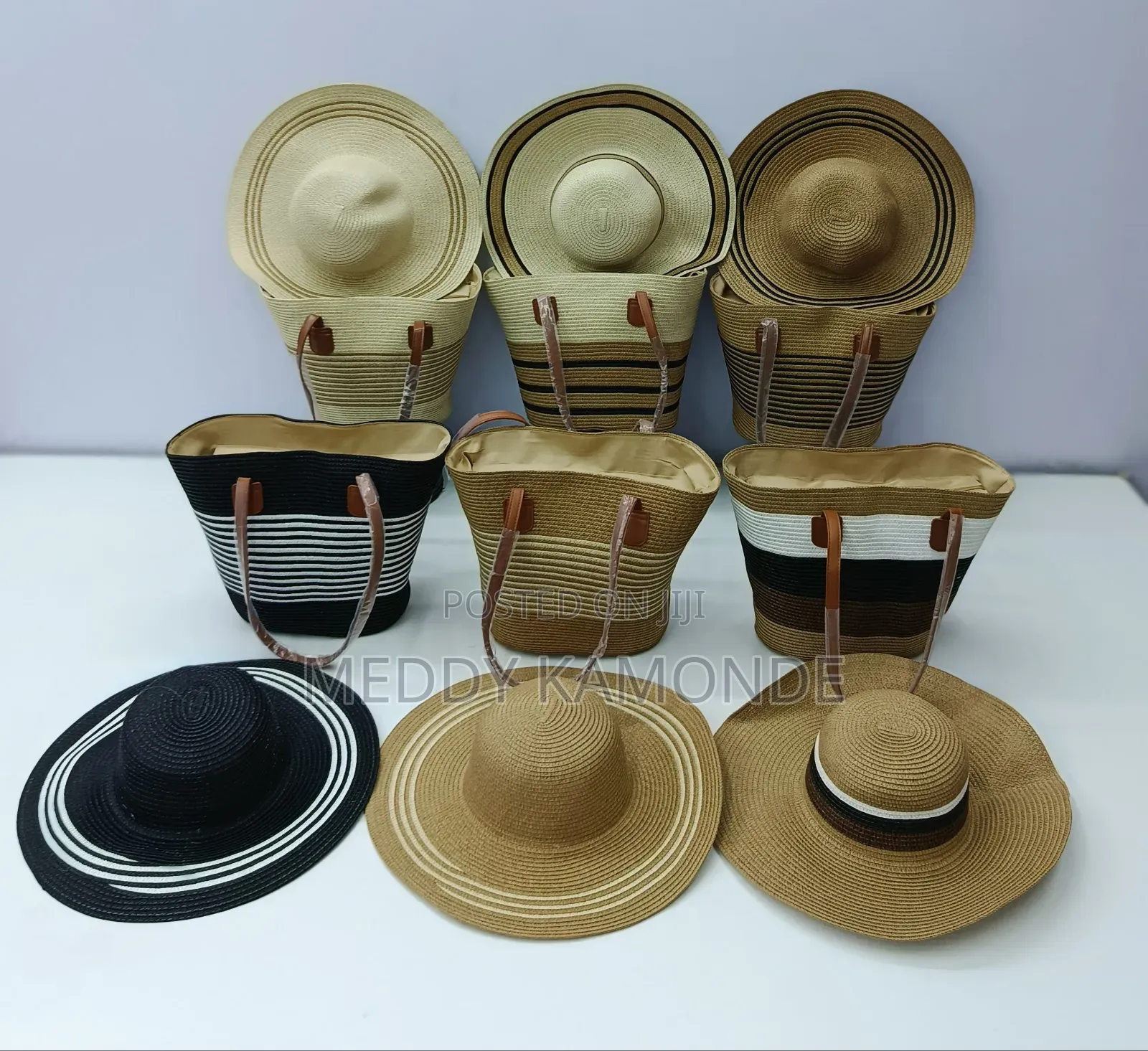 Beige Wooven Hats+Bag