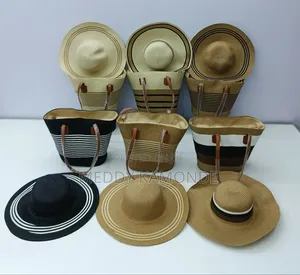 Beige Wooven Hats+Bag