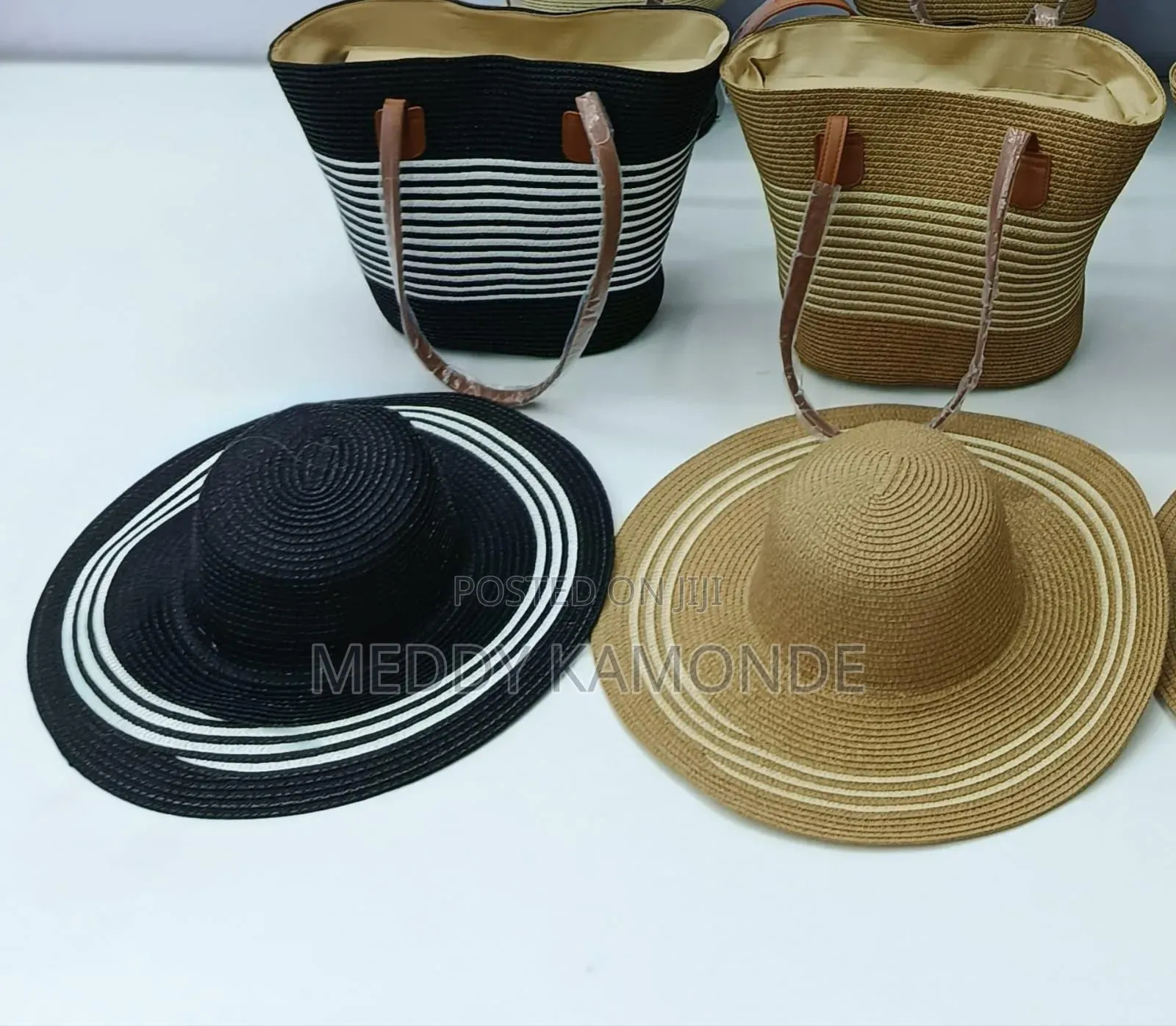 Beige Wooven Hats+Bag