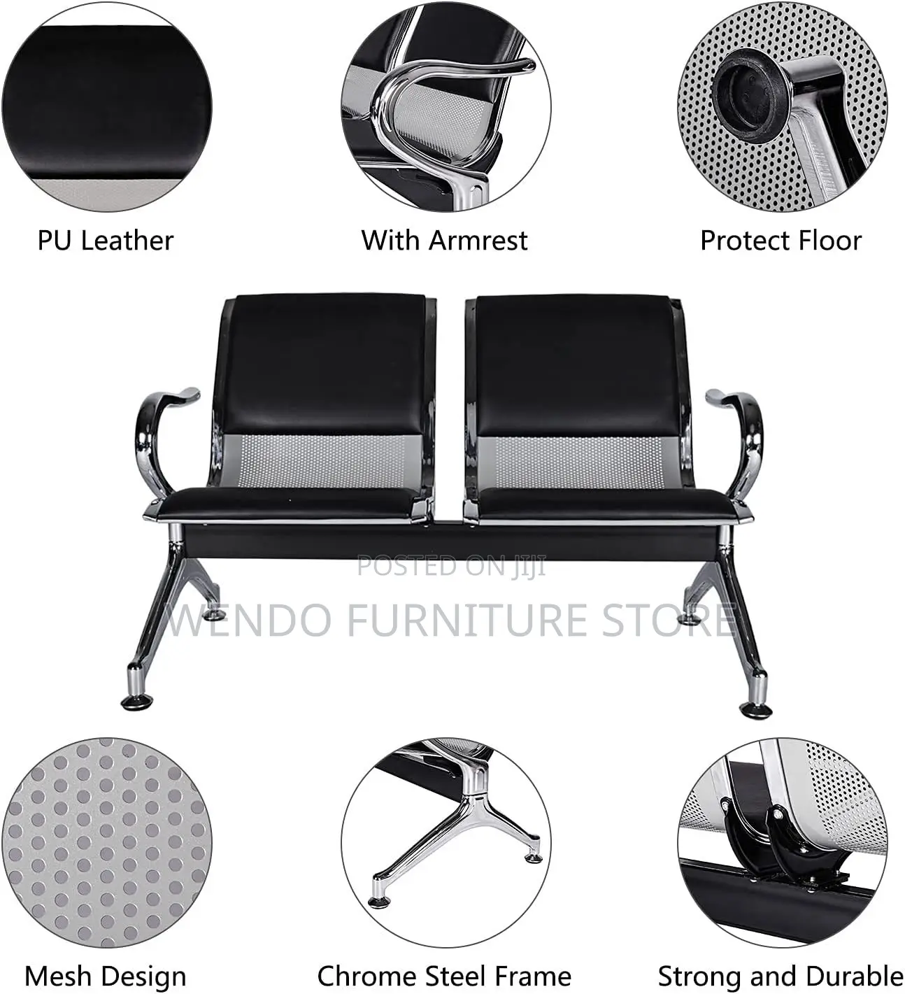 Office Bench; Leather Two Seaters Bench With Metallic Frame