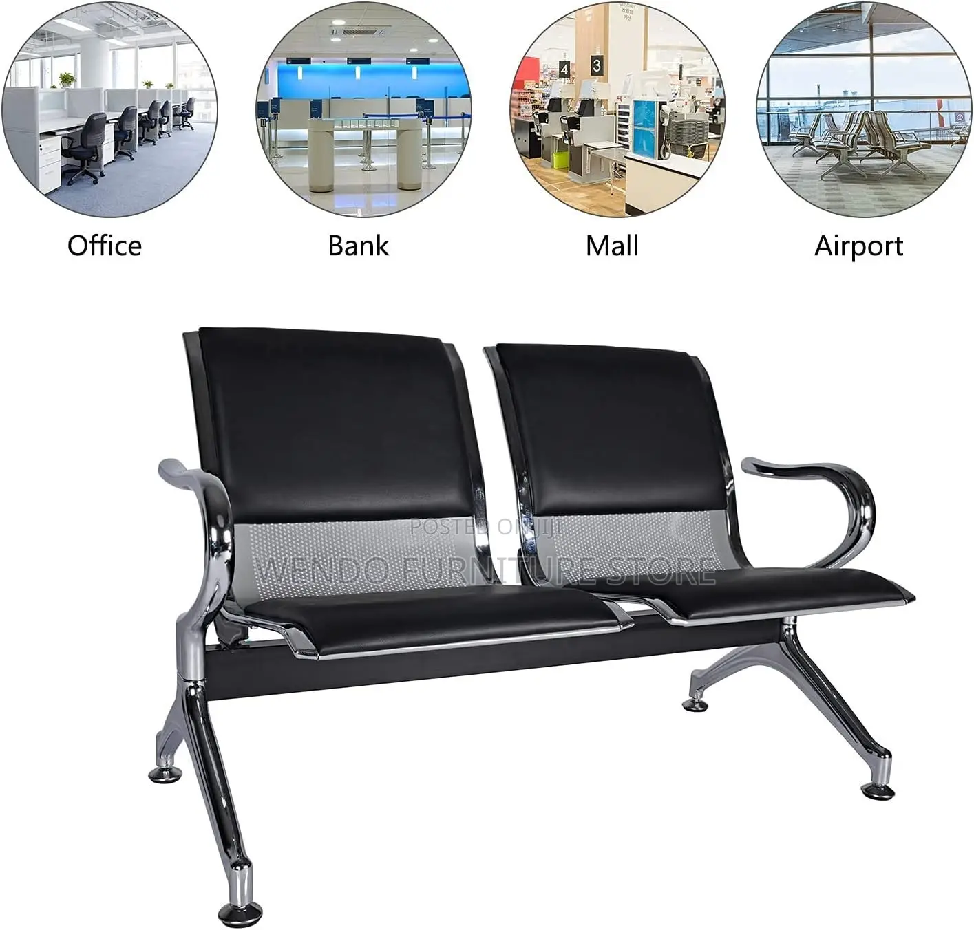 Office Bench; Leather Two Seaters Bench With Metallic Frame