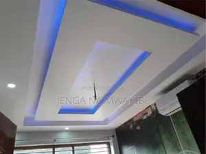 Rectangular Tray Gypsum Ceiling With Vibrant Blue Led