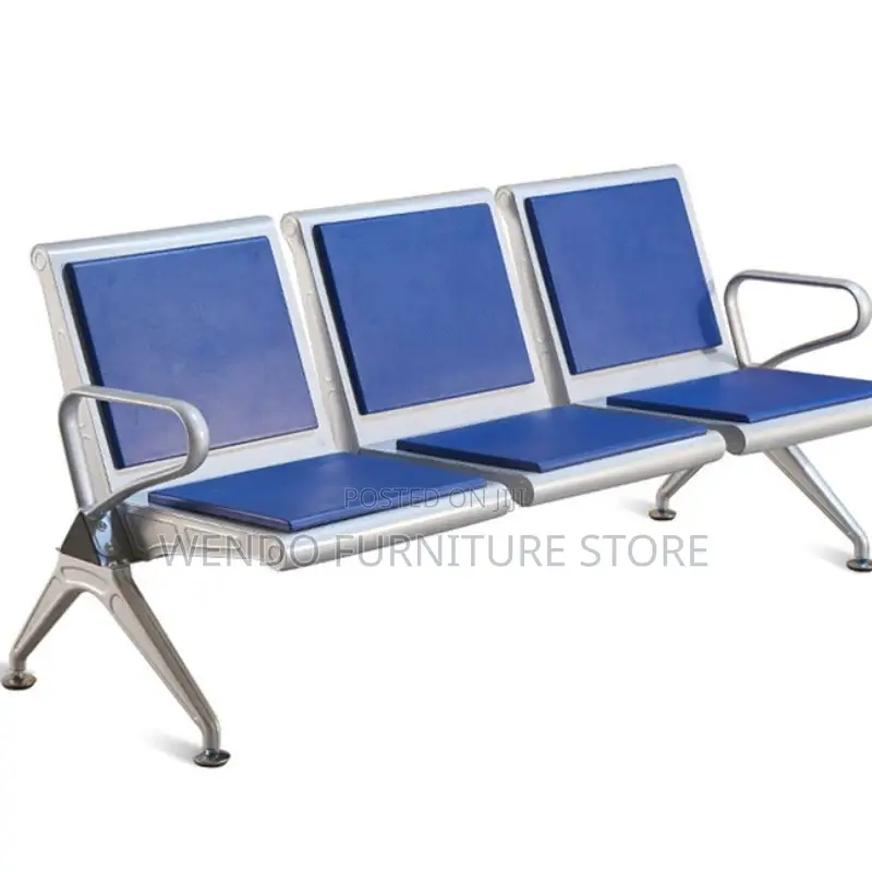 Office Bench; Three Seaters Leather Office Bench With Metallic Frame