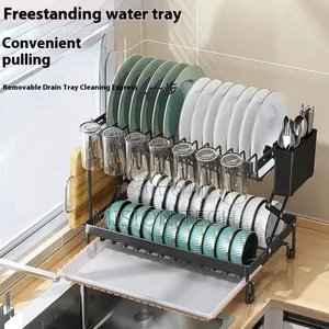 Modern 2-Tier Kitchen Dish Drying Rack With a Space-Saving Foldable 