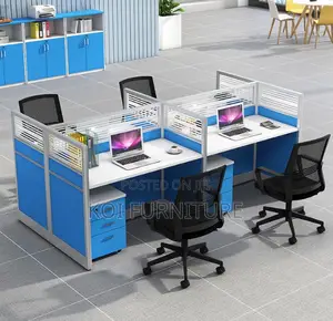 Office Desk :Blue and White Four-Person Modular Office Workstation Set