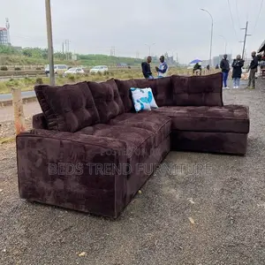 6 Seater Dark Brown L-Shaped Corduroy Sofa Set.