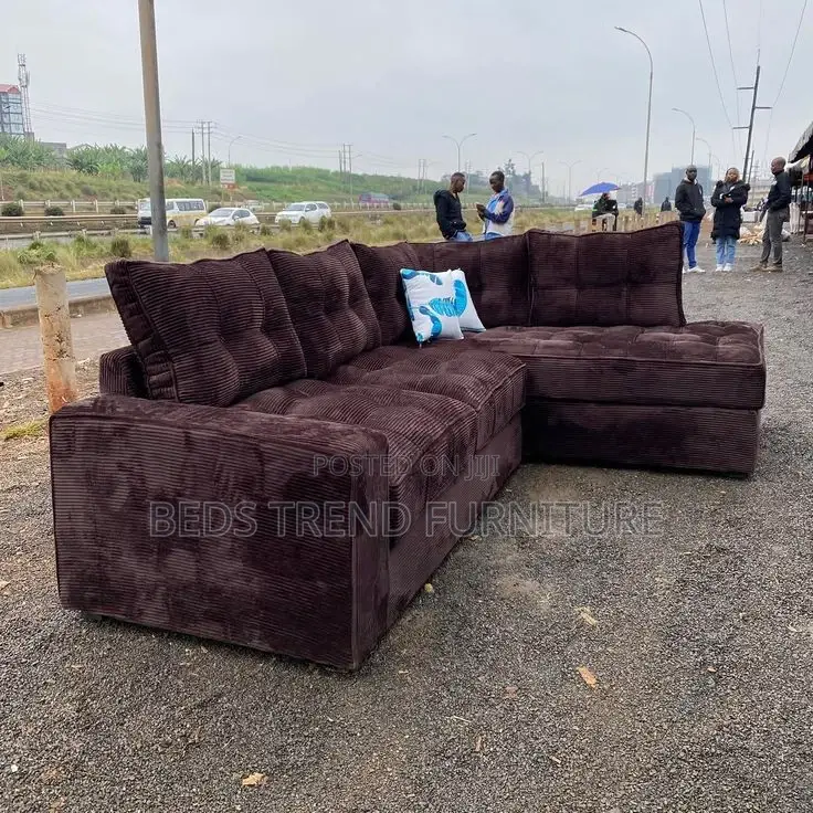 6 Seater Dark Brown L-Shaped Corduroy Sofa Set.