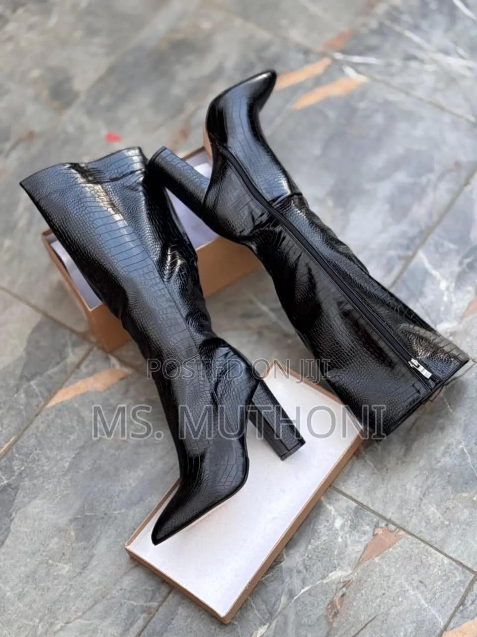 Crocodile Pattern Faux Leather Knee-High Boots With a Block Heel.