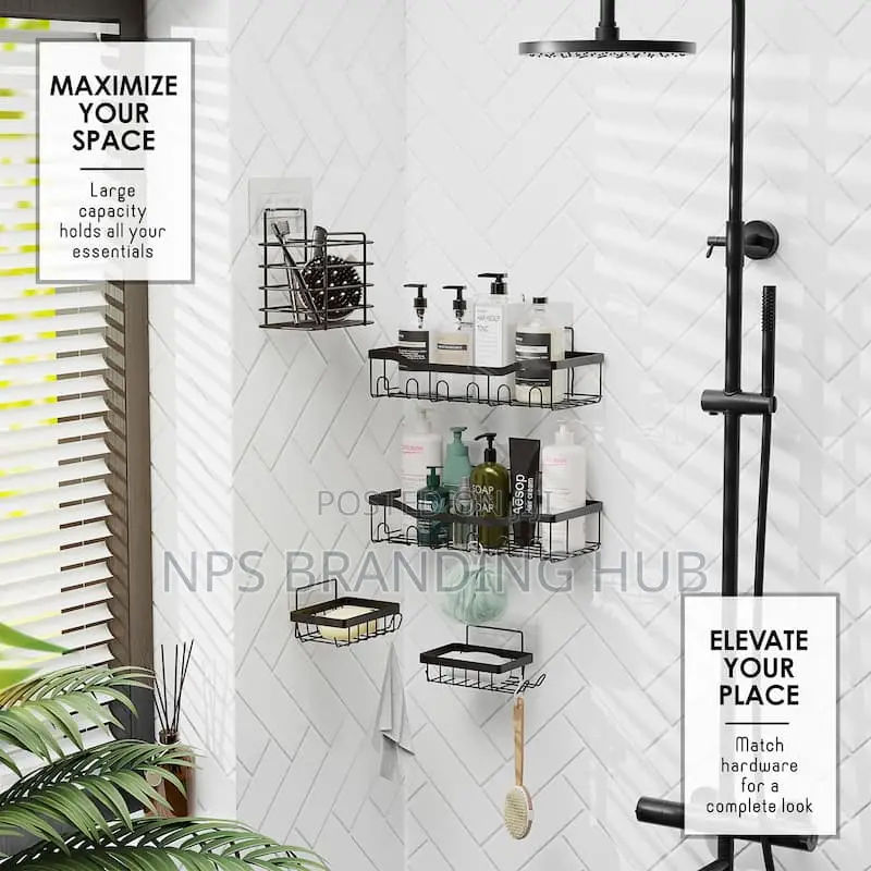 Rectangular 5in1 Metallic Bathroom Shelf Organizer Shower Caddy Set Po