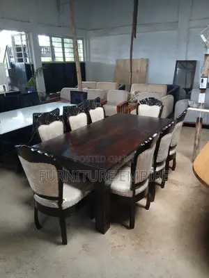 Dark Wooden Dining Table Set – 8 Upholstered Chairs Included